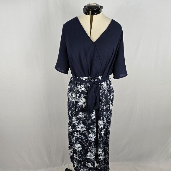 Bloomchic Dress Women's 2X Blue White Floral Patchwork Surplice Neck Ruffles NWT - Picture 1 of 15